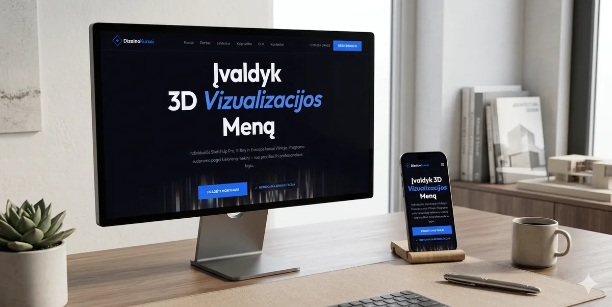 Dizaino Kursai svetainės dizainas — dizaino mokymai online, sukurta Kodexa. Landing puslapis + kursų registracijos sistema