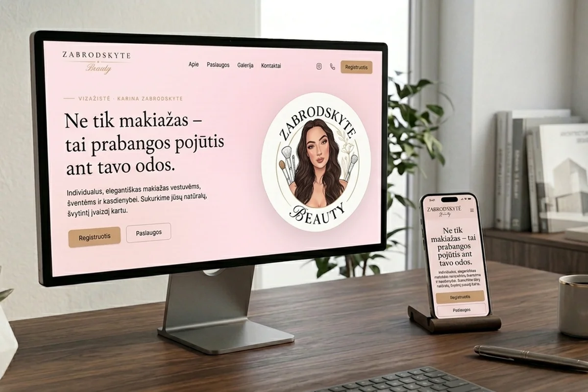 GlowUp svetainės dizainas — vizažistės studija, sukurta Kodexa. Landing puslapis su online rezervacijos sistema