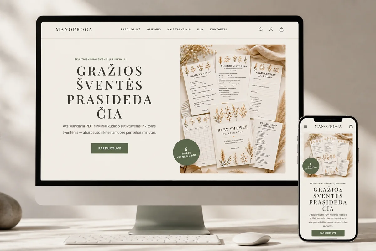 Manoproga svetainės dizainas — skaitmeninių produktų el. parduotuvė, sukurta Kodexa. El. parduotuvė su automatiniu PDF rinkinių pristatymu po apmokėjimo