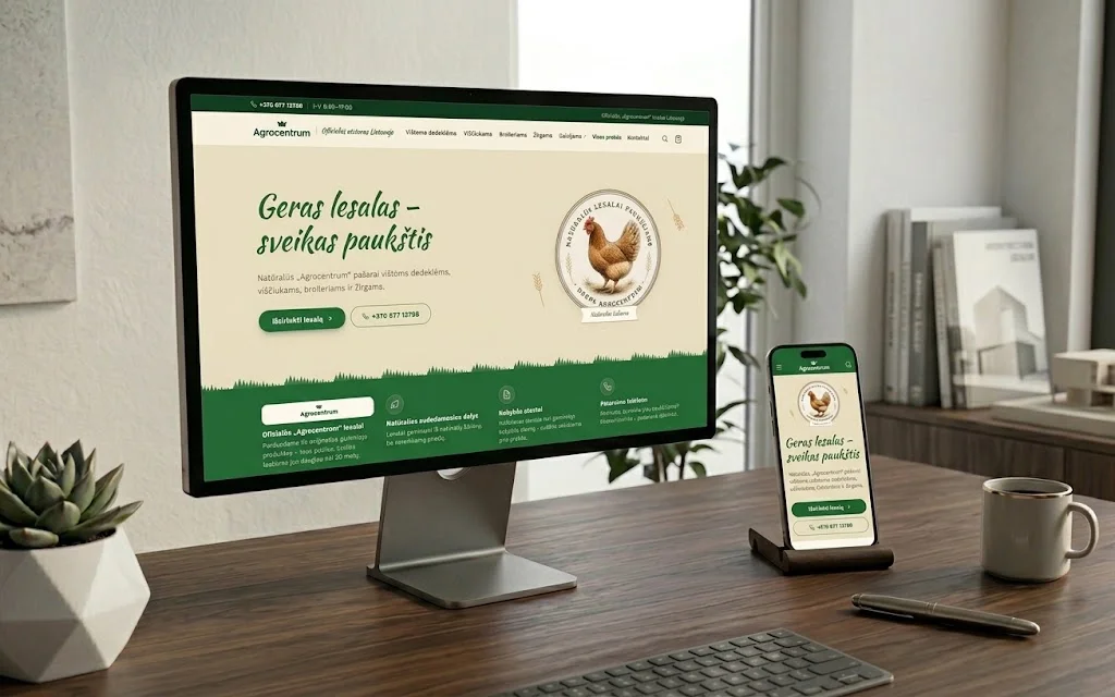 Pašarai.lt svetainės dizainas - pašarų el. parduotuvė. Sukūrė Kodexa, oficialaus „agrocentrum“ atstovo parduotuvė