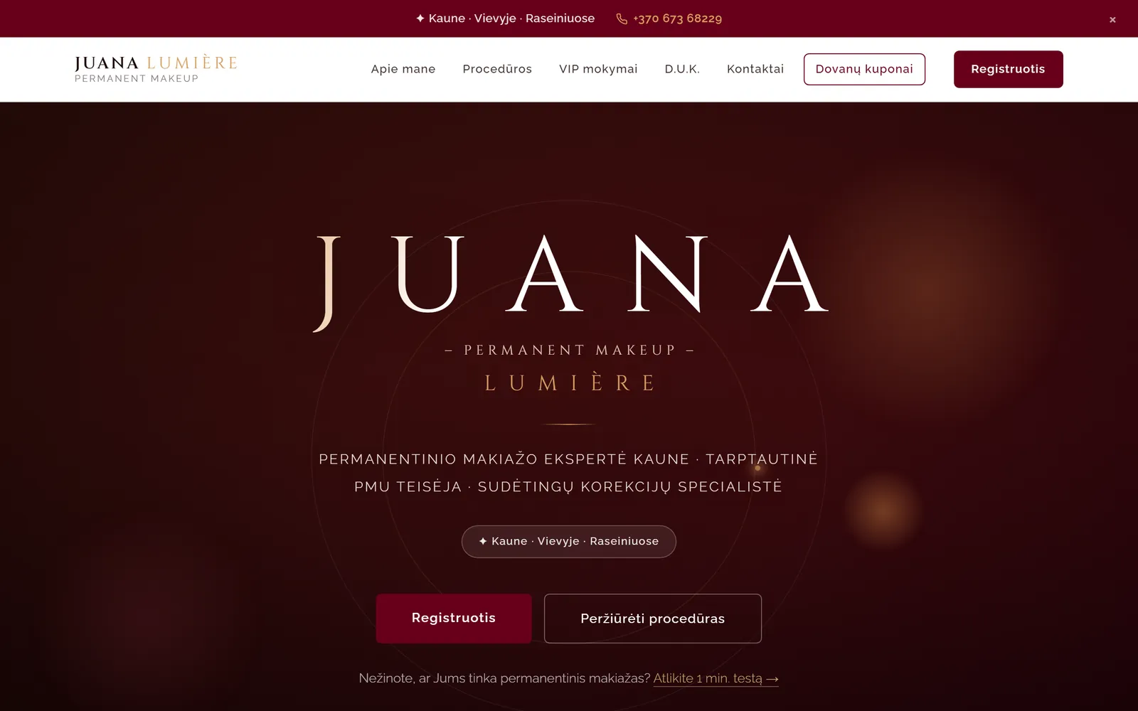 Juana Lumière svetainė kompiuterio ekrane - permanentinio makiažo studija. Sukūrė Kodexa.